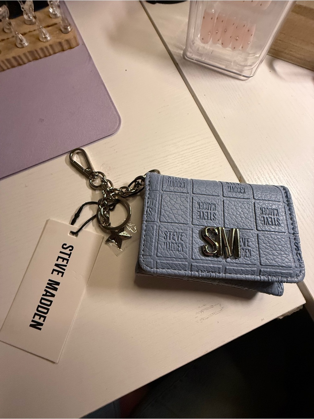 Steve Madden Pale Blue Embossed Leather Card Holder with Keychain
